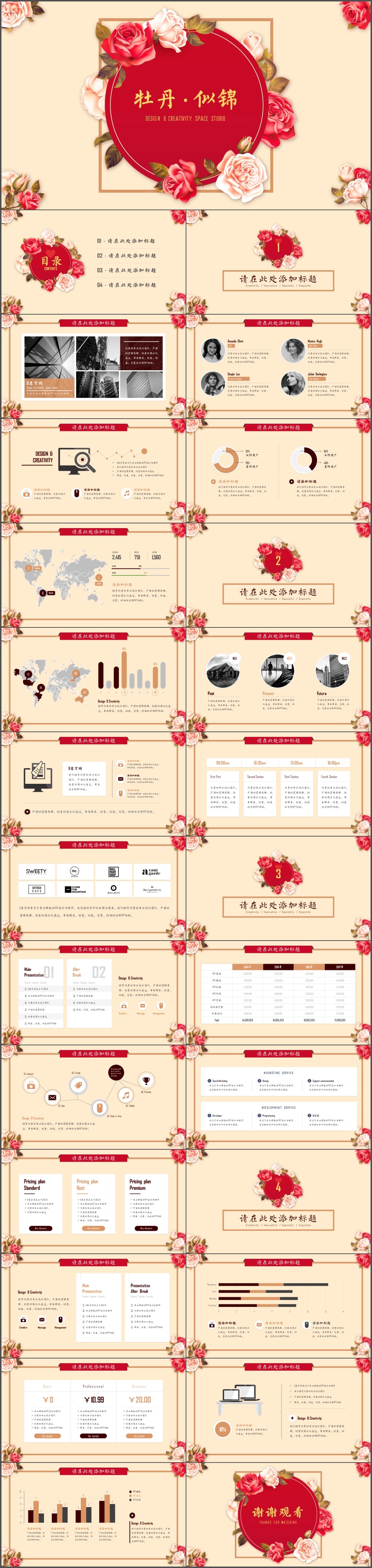 中国风水墨牡丹工作总结PPT模板(1037)