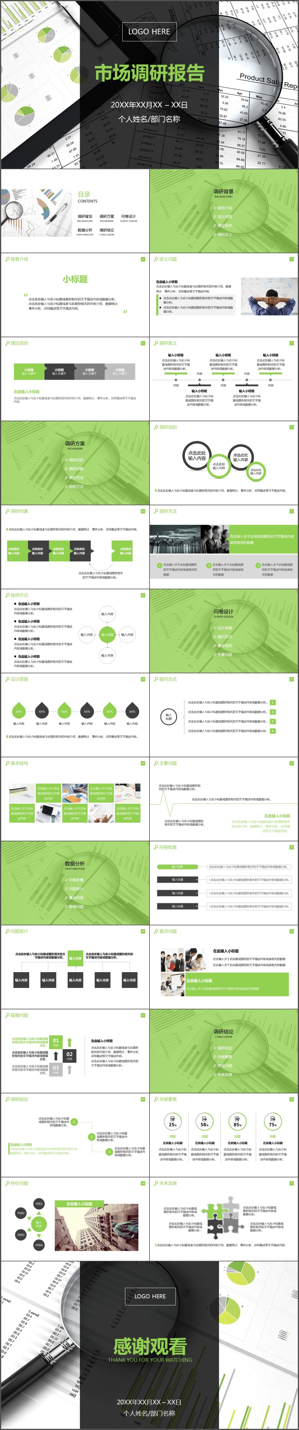 市调报告市场调研报告放大镜数据模板简洁绿色分析报告动态PPT模板(1403)